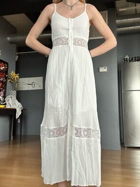 Spaghetti Strap White Lace-Trim Maxi Dress